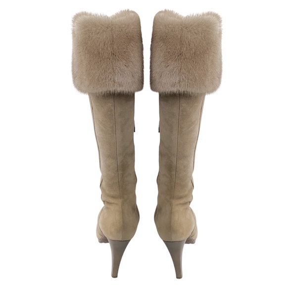 VALENTINO TAUPE MINK FUR TRIMMED SUEDE TALL BOOTS - Picture 6 of 8